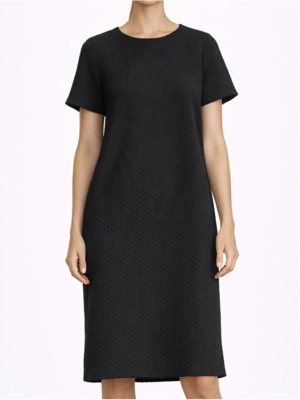 Eileen Fisher Black Textured Shift Dress Short Sleeve Minimalist Midi Large